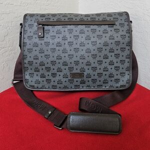 MCM Coated Canvas Gray Brown Messenger Document Bag AUTHENTIC